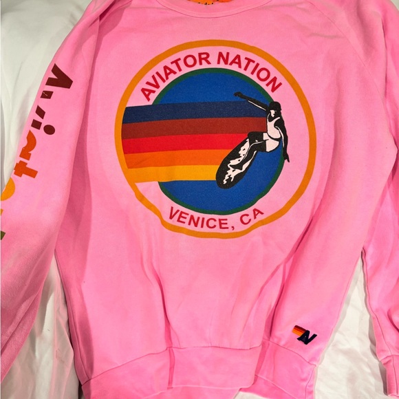 Aviator Nation Sweaters - Aviator Nation Pink Rainbow Graphic Sweater